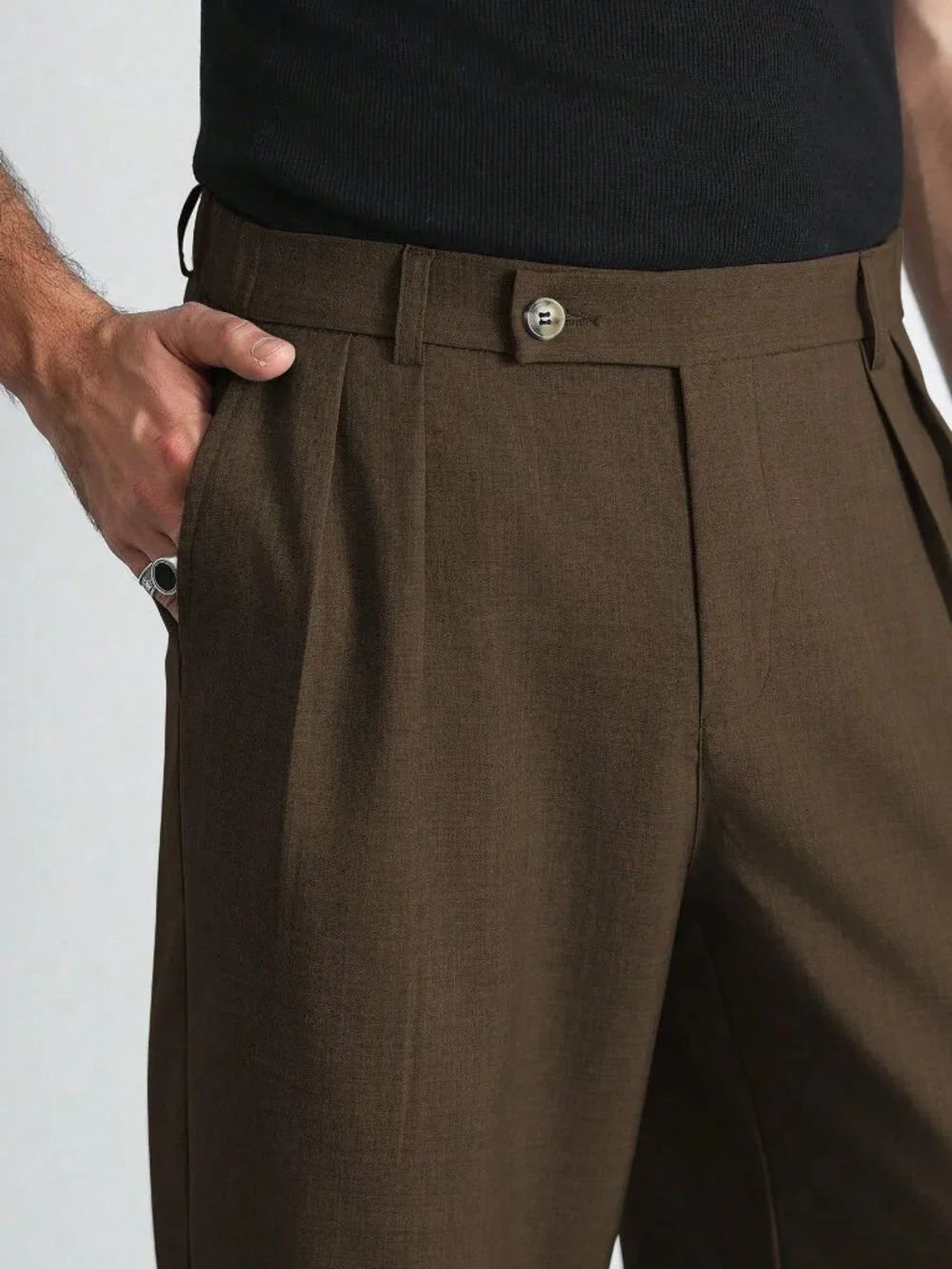 Coffee Brown Loose Fit Men's Plain Wide Leg Straight Long Pants